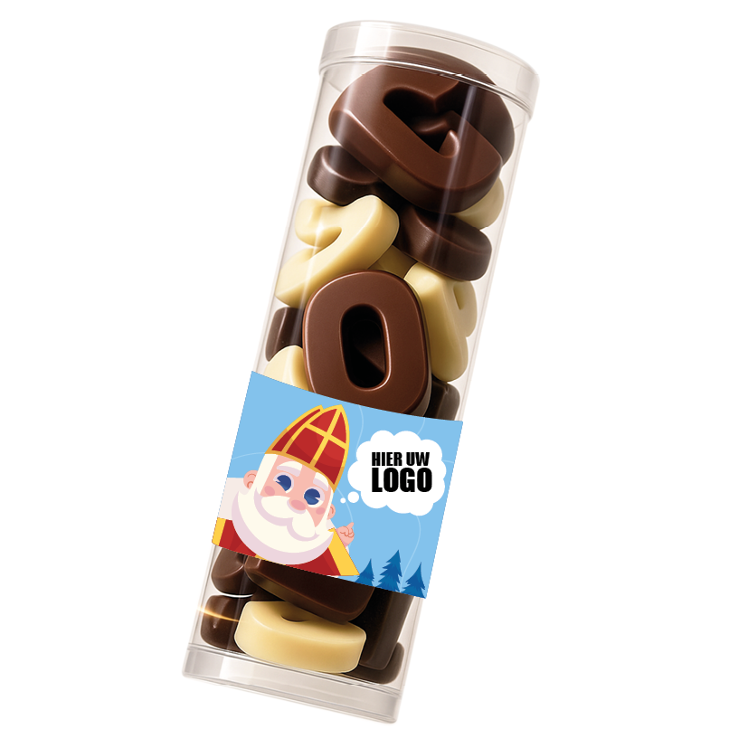 Koker met chocolade lettertjes - inclusief banderol